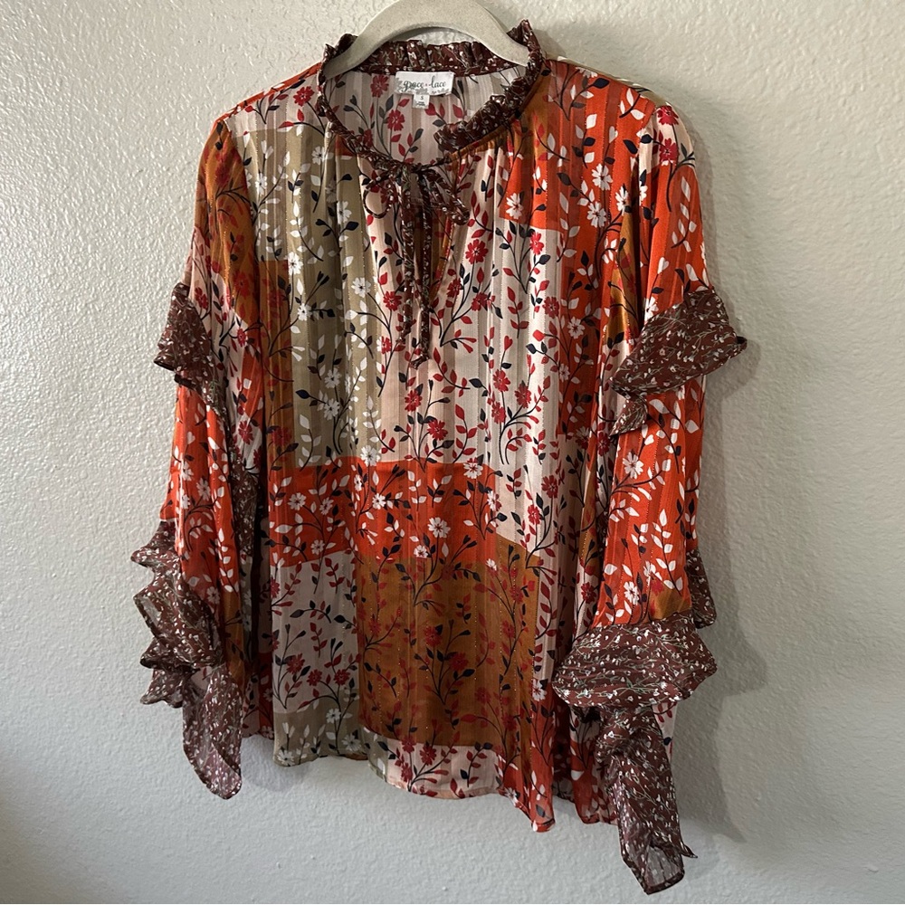 Grace & Lace | Boho Patchwork Flowy Ruffle Long Sleeve Floral Blouse Size Small - Picture 2 of 11
